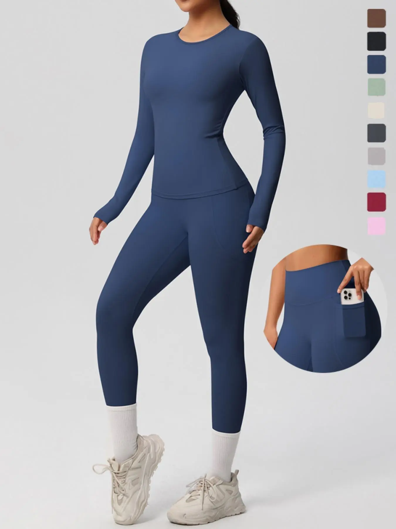 Two-Piece Set Women's Solid Long Sleeve Tee & Pocket Leggings Tracksuit Set, Casual Round Neck Top & Skinny Pants for Yoga Gym Workout Running, Ladies Sportswear for All Seasons