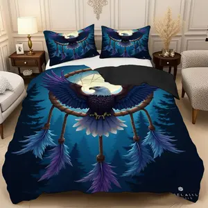 2/3 Pcs Night Sky Eagle Dream Catcher Quilt Cover Set, High-Definition Digital Printed Bedding Set (1* Quilt Cover +1/2* Pillowcase, No Filling) 100% Polyester Fiber Soft,Breathable Bedroom,Guest Room Decoration,Machine Washable,Perfect Holiday Gift