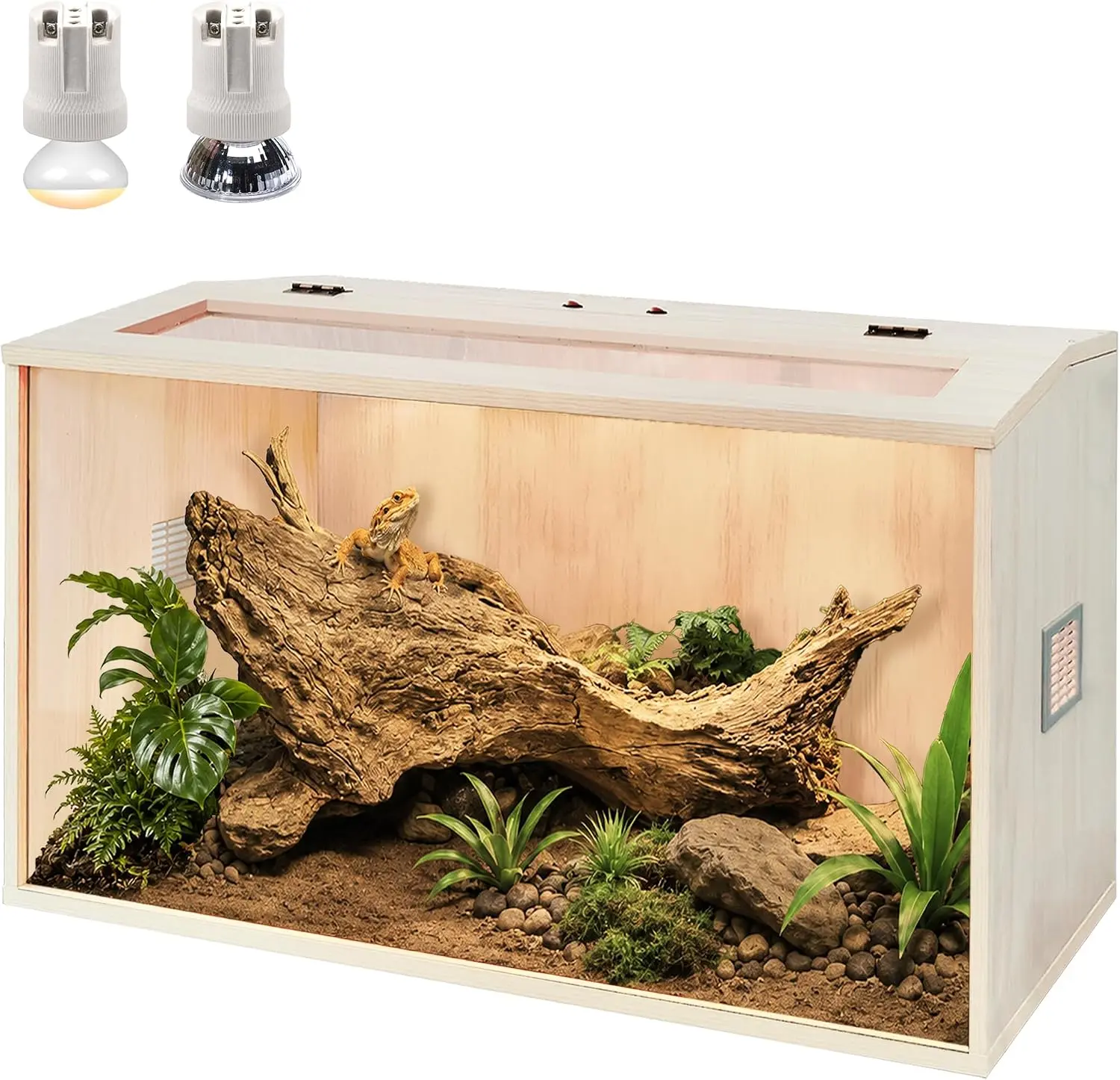 PROLEE 24 Gal Wood Rectangle Bearded Dragon Enclosure, Tempered Glass Terrarium with Built-in Lamp Fixture, Quick & Easy Setup, Natural Wood Grain (24x16x16in)