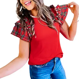 Mntaor Women's Red Plaid Blouse with Pearl-Embellished Ruffles Short Sleeve Top for Casual & Work Fashion