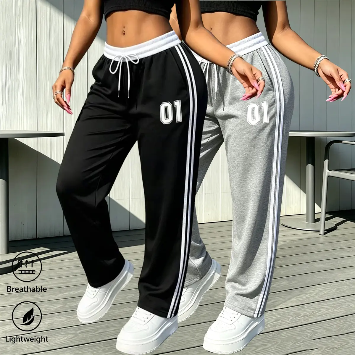 Women’s two-pack summer fashion casual wide-leg sports pants with side stripes, featuring double pockets; lightweight and breathable, suitable for everyday wear in summer, running, workouts, and hiking.