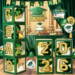 Graduation Decorations 2026 - Green and Gold Graduation Decorations - Set of 4 Balloons Boxes with Letters 2026 GRAD so Proud of You, Congrats Grad Party Decorations for Any Grades QIYANPAX