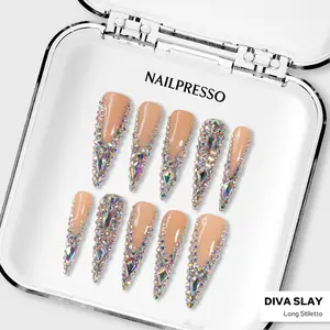 Nailpresso | Diva Slay Long Stiletto 100% Handmade 3D Press-On Nails | Reusable Long-Lasting Salon-Quality | Diamond and Glitter Details