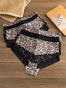 Women's Leopard Print Mid-Waist Triangle Panties, Lace Patchwork Elegant Underwear, Breathable Comfort Daily Wear, Soft Comfy Panties, 6 Pack