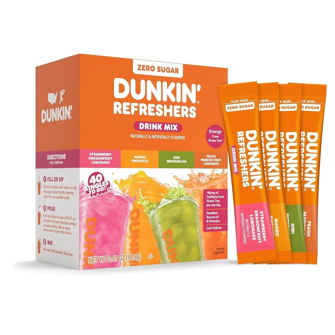Dunkin’ Refreshers Singles To Go Powdered Drink Mix, 40 Ct Variety Pack, Green Tea Energy, Aspartame Free, No Synthetic Colors, Just Add Water, 40 Single-Serve Packets