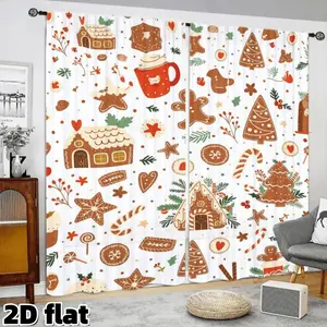 2D Flat 2Pcs Christmas Gingerbread House Pattern Curtains, Holiday Theme Rod Pocket Design, Sweet Candy Cane Print, Semi Sunshade Effect, Suitable for Living Room Bedroom Kitchen Window Decoration, Festive Home Decor Window Treatment