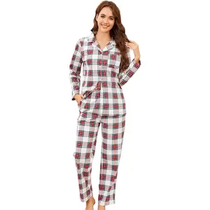Women Soft Pajama Set, Long Warm Flannel Pajamas Lightweight Cute Printed Pjs Set with Pockets Loungewear Nightwear Womenswear Homewear Buffalo Plaid-Red