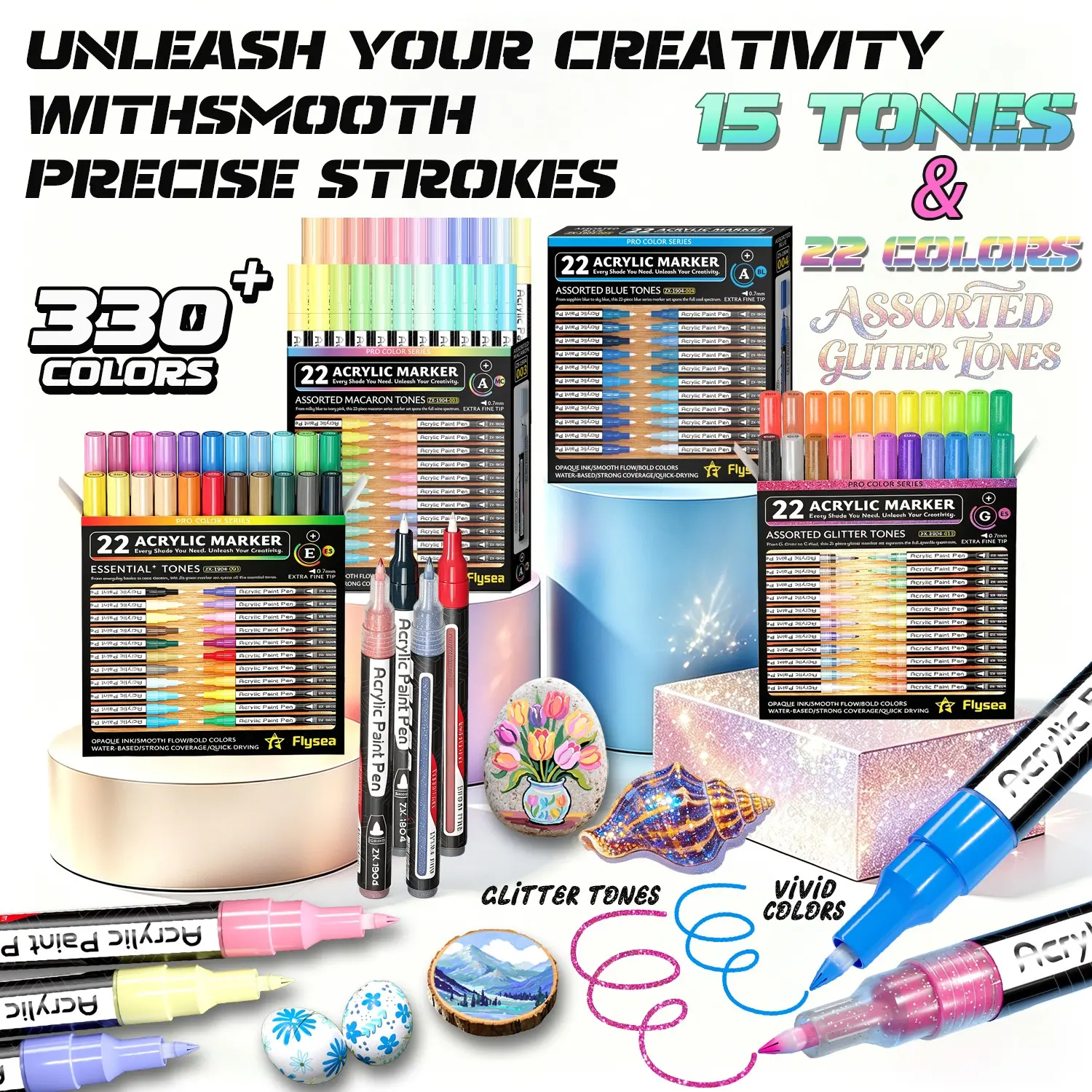330 Colors Flysea 0.7mm Acrylic Markers Set, 22 Fine Tips, 15 Shades, Quick Dry, Waterproof, Ideal for Art, Craft, DIY Projects, Art Supplies, Art Marker Pens