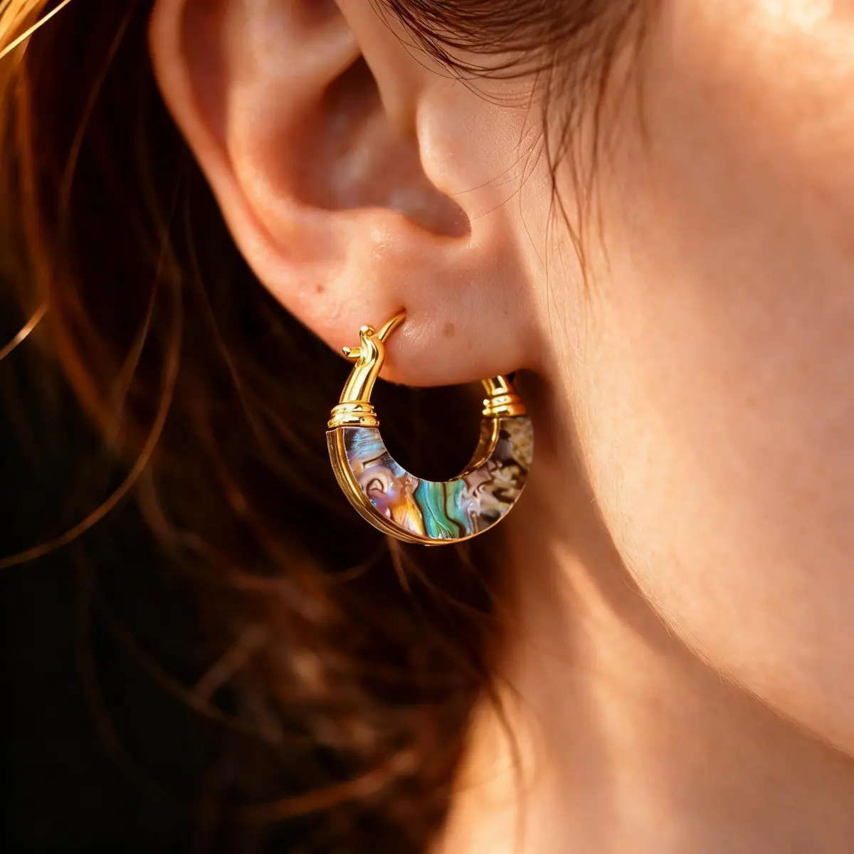 Women's 2cm Gold Copper Abalone Shell Huggie Hoop Earrings - Iridescent Dainty Minimalist Costume Jewelry for Beach Outfits, Everyday Wear, Resort Wear, Anniversary Gift