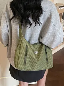 Women Grid Nylon Hobo Bag, lightweight shoulder bag, Casual Commuter Bag, Lightweight Checkered Design, Multiple Pockets & Large Capacity, Ideal for Travel, Work, Daily Use