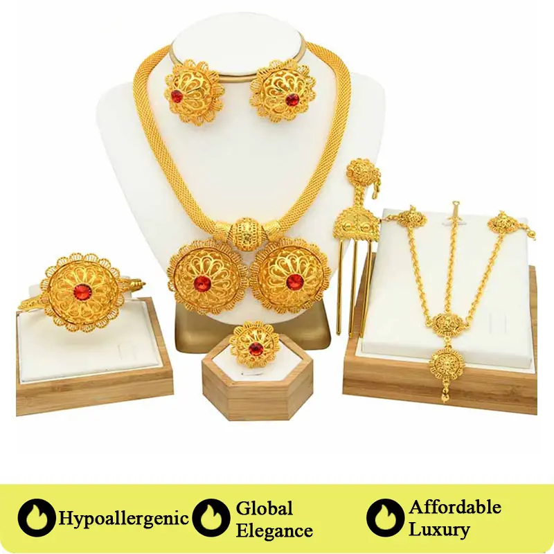 Women's Ethiopian Habesha-Inspired Trendy 6-Piece Folk Jewelry Set - Rhinestones, Circular Geometric Water Wave Bridal Necklace, Wedding Set Earrings, Ring, Bracelet, Hairpin, Head Chain for Wedding, Anniversary Gifts, Trendy Jewelry Set