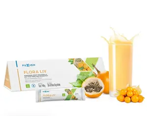 FLORA LIV DE fUXION- Bebida en polvo sabor frutal, presentación en sobres individuales fáciles de preparar.