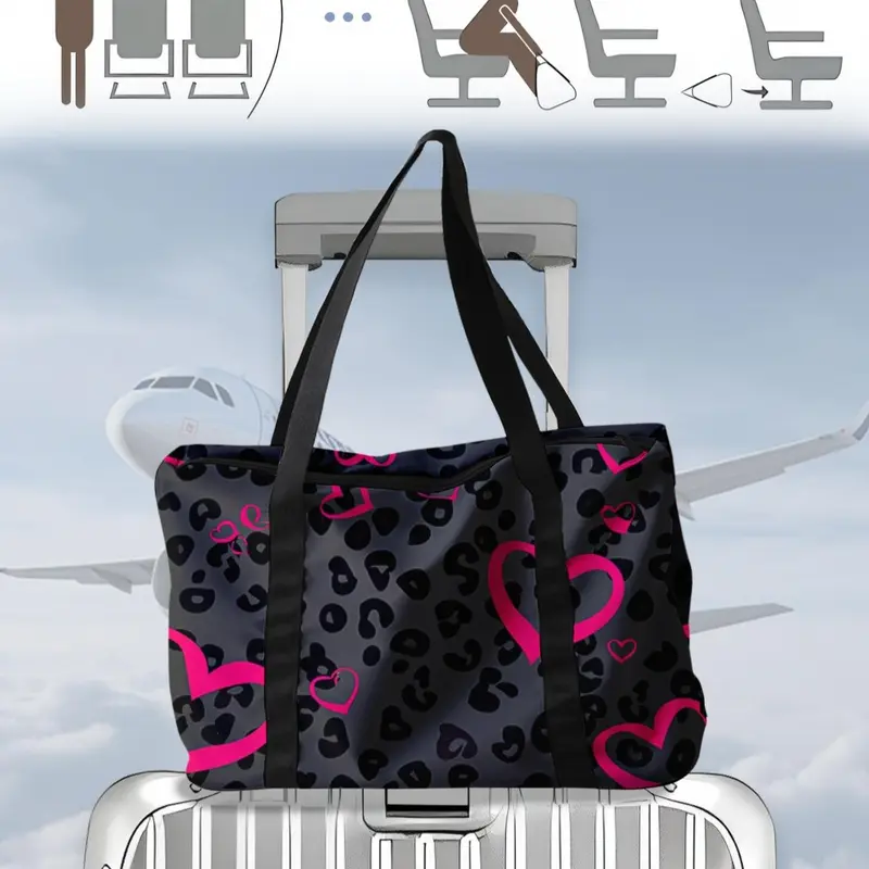 Leopard Heart Pattern Travel Bag, Large Capacity Travel Bag, Portable Overnight Bag, Fashion Travel Bag, Multifunctional Travel Bag, Yoga Training Bag, Versatile Use, Portable Travel Gear, Trip Bag