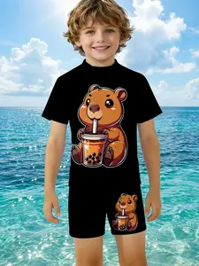 Trendy Playful Style Kids Swimming Set, Capybara Drinking Bubble Tea Print Beach Vacation Quick Dry Swimwear