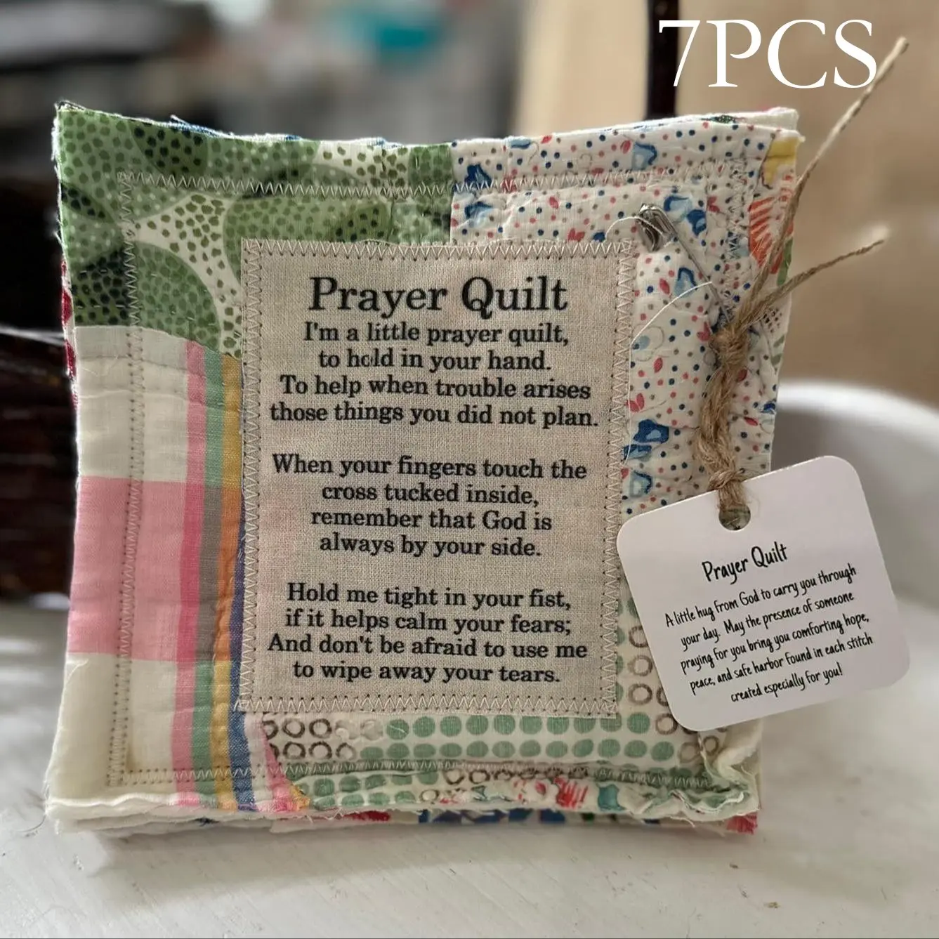 1 Set of 7 Pcs Vintage Prayer Decorative Blanket Square with Cross Inside, Mini Handmade Quilt, Colorful Stitched Blessing Poem Throw, Home Decor Gift Idea, Gift Blankets