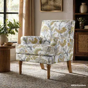 ARCH Accent Chair, Floral Armchair, Nailhead Trim, Gold and Grey Decor, Solid Wood Legs, Farmhouse Furniture, Upholstered Slipper Chair, Side Chair, Traditional Print, Living Room.