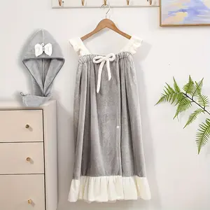 2-Pack Bath Skirt and Bow Shower Cap, Absorbent and Quick-Drying Wearable Women's Bath Towel, Super Soft Bath Wrap Towel, Bathroom Bedroom Spa, Ideal Bathroom Supplies