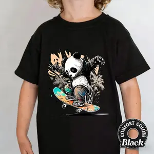 Boys' Summer Short Sleeve Street Skateboarding Panda Print T-Shirt, Panda Skateboarding Print Shirt for Teens Casual Wear for Boys and Girls Streetwear Fashion Summer Outfit