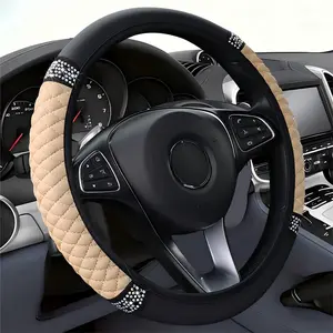 Soft Leather  Steering Wheel Cover, Universal 15 Inch Colorful Rhinestones Anti-Slip Elastic Steering Wheel Covers for  , Sparkly   for Women Girls (Beige)