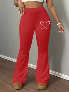 Pattern Print Women's Casual Slim Fit Flare Pants, Long Regular Length, Elastic Waist, Plain Pattern, Spring Autumn Winter Home Wear Womenswear Flared