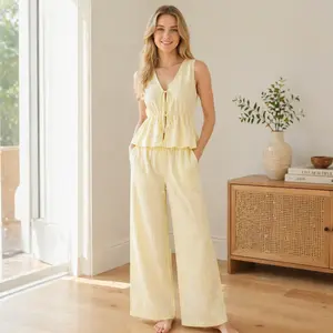 Women's 2 Piece Striped Lounge Set with Pockets Sleeveless Tie Front V Neck Wide Leg Pants Soft Summer Casual Pajamas Loungewear
