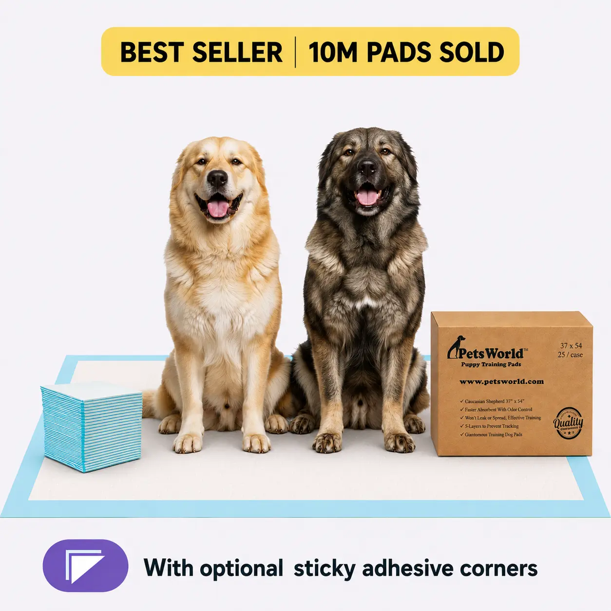 PetsWorld 3XL Dog Training & Potty Pads, 37x54 inch - Tear Resistant with Strong Leak-Proof Backing, Optional Adhesive Tape