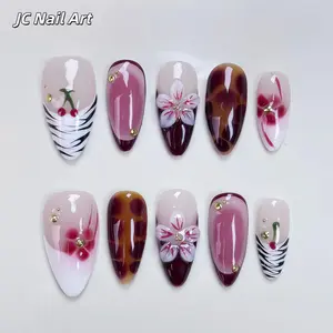 T63 New autumn-style wearable armor with chic style, leopard print, gradient effect, French-style gold beads, and handcrafted pure wearable armor pieces. handmade fall nail art set