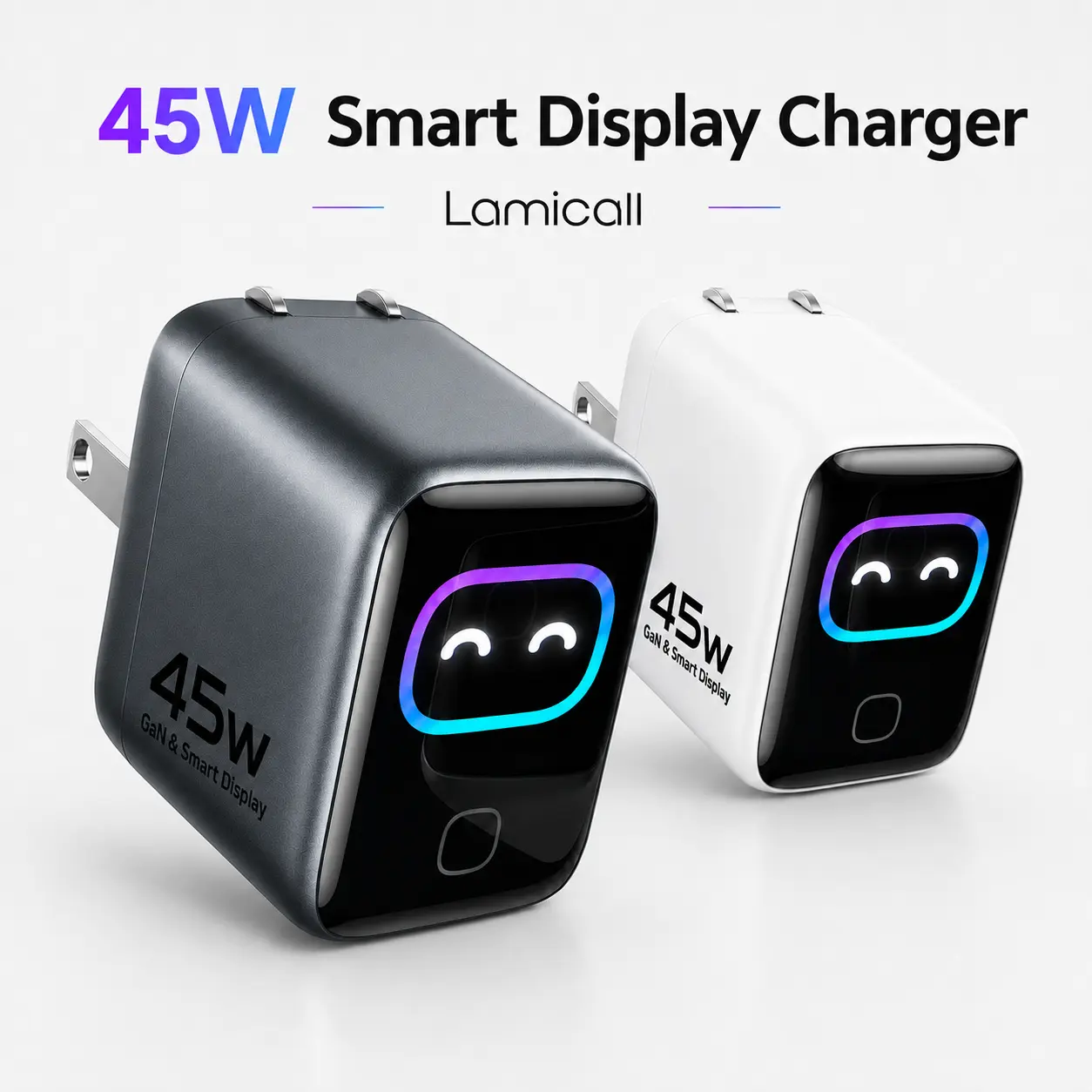Lamicall GaN& Smart Display 45W USB-C fast charger featuring intelligent device recognition. Compact in size, it is equipped with 180° foldable prongs and is compatible with the iPhone 17/16/15 series, MacBook, and Apple Watch #SummerVibes sohochic