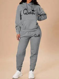 Women's Fall Winter Letter Print Hoodie Set, Long Sleeve Sweatshirt & Pants, Casual Home Wear, Outdoor Sports Gym, Sweatsuit Matching Set