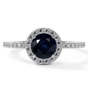 Classic Round Blue Sapphire Halo Ring with Prong Set Diamonds (1.35cttw)- RBS001-6X6-A