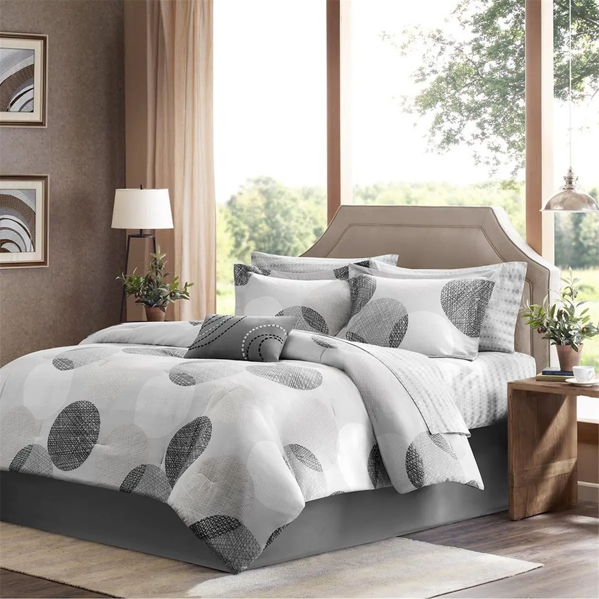 Madison Park Essentials Knowles King Size Circular Grey Modern Microfibre 9-Piece Bedding Set - 100% Polyester Soft Fabric, Machine Washable, All Seasons, Home Decor, Bed Upgrade, Aesthetic Neutral Collection
