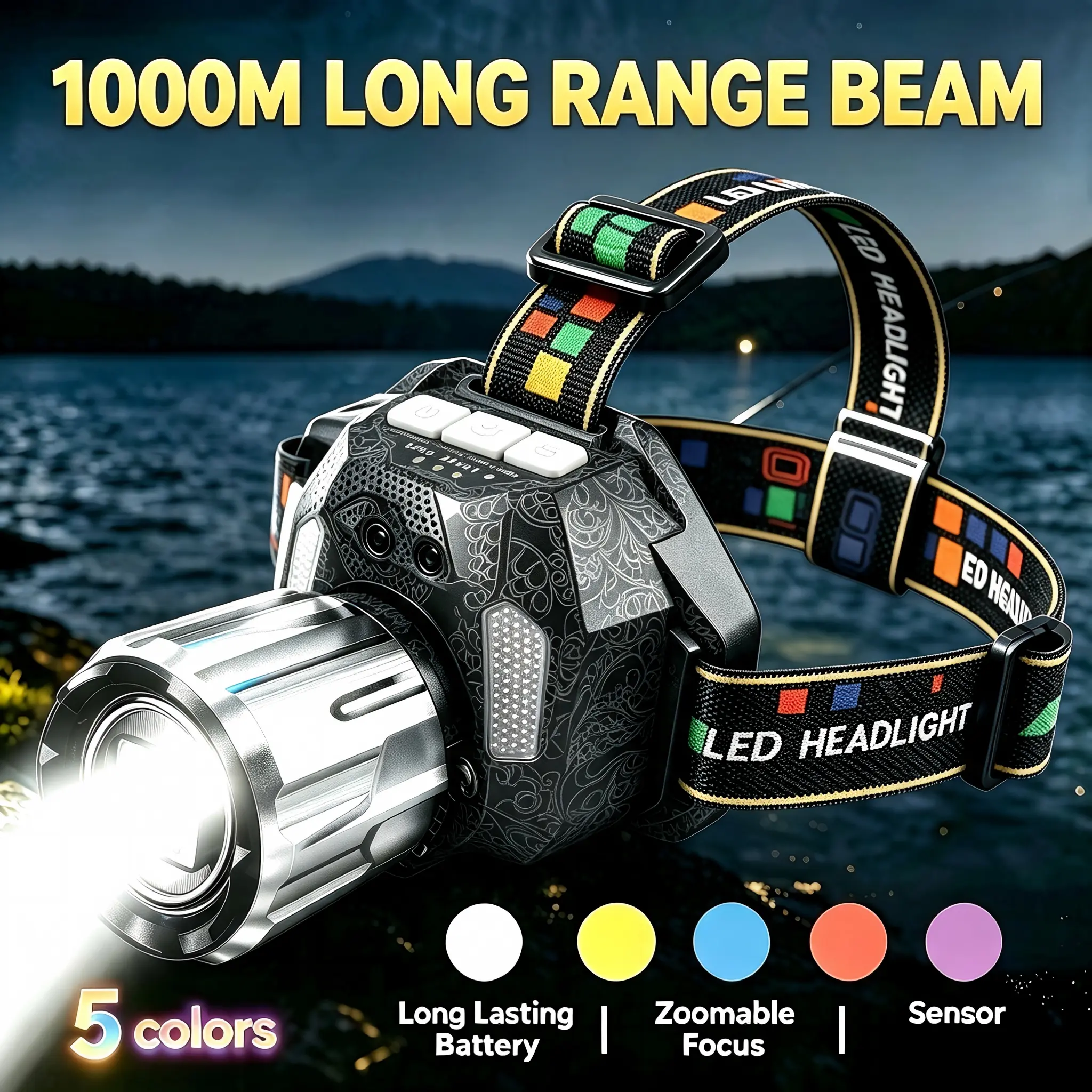 LED Headlamp with Telescopic Lens, Zoomable 1000M Beam, Waterproof 5-Color UV Light, Metal-Plastic Build for Hiking Fishing & Outdoor Sports
