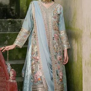 Elegant Blue Anarkali Lehnga with Floral Embroidery and Gold Trims for Special Occasions