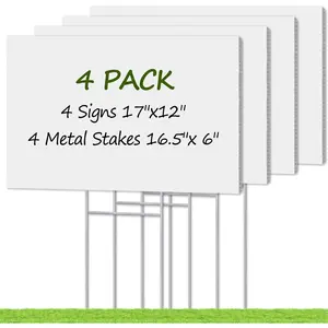 Blank Yard Signs with Stakes,  Custom Yard  Sign 17x12 Inch 4 Pack Corrugated Plastic Double Sided for Outdoor Lawn, Estate Garage, Open House, Birthday Decoration