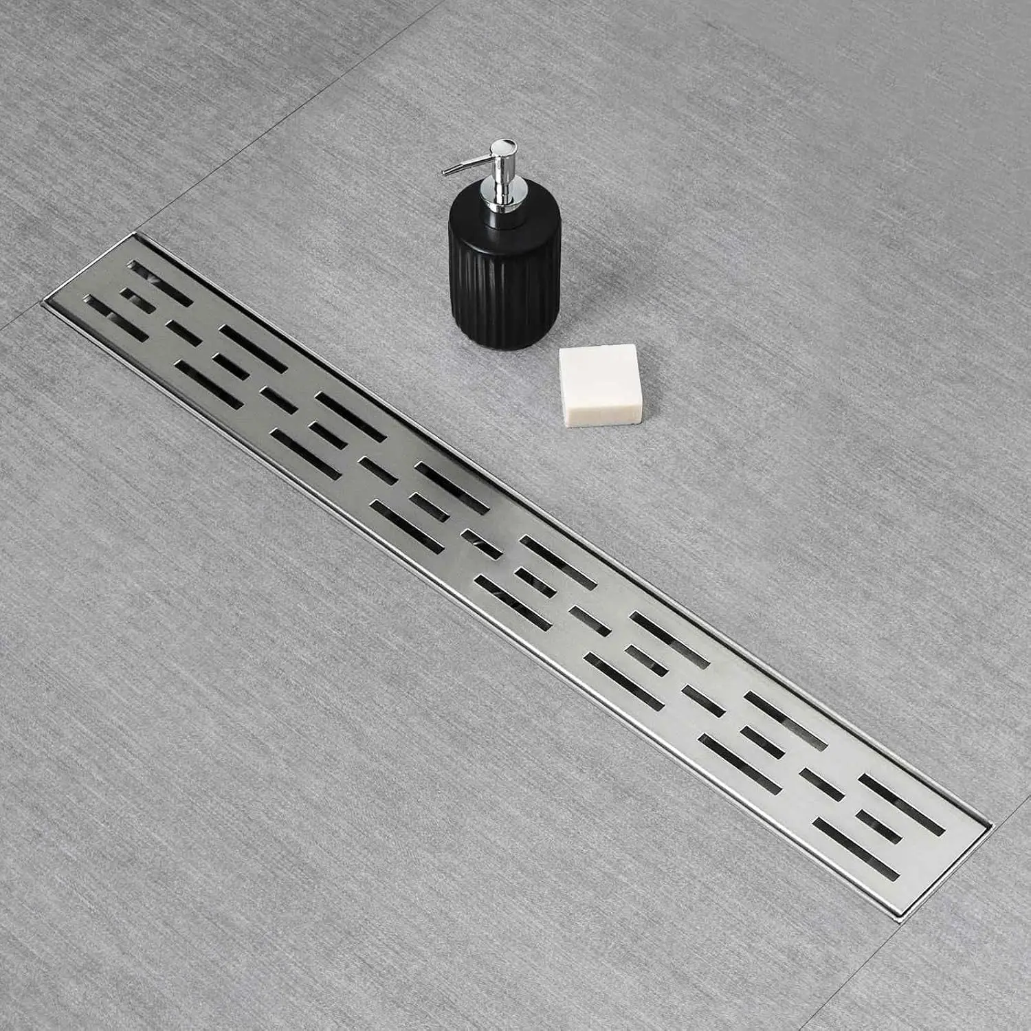 Linear Shower Drain, Shower Drain 24 inch High Water Flow Removable Grate, Brushed 304 Stainless Steel Linear Drain with Hair Strainer, Adjustable Leveling