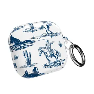 WILD WEST AirPods Case: Blue & White Cowboy Print, Cute Protective Cover with Key Ring
