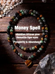 Abundant Prosperity Bracelet Necklace, African Pine Obsidian Hematite Tiger Eye Bead Jewelry, Vintage Heart Pendant Long Sweater Chain, Money Bracelet, High Quality Bracelet