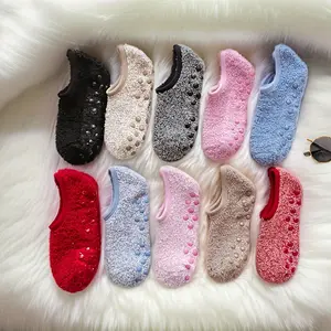 3-Pack Women's Plush Coral Fleece Socks - Non-Slip Silicone Grips, Thickened Winter Slippers, Soft Knitted Polyester and Spandex, Machine Washable, Solid Colors (Black, Beige, Pink, Blue, Red, Light Brown), Comfortable Floor Socks for Home or Indoor Use,