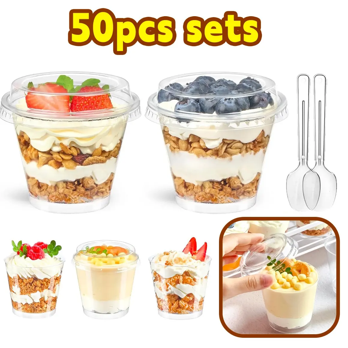 Premium 100Pcs 7oz Round Mini Serving Cups Disposable Parfait Cups Disposable Clear Plastic Party Cups Complete with Lids & Spoons Ideal for Fruit Salad Mousse Yogurt Appetizers Perfect for Wedding Birthday & Christmas Parties Plastic Dessert Cups