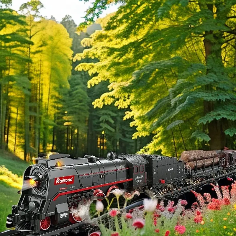 Realistic Electric Steam Railroad Train Set - 2Hrs+ Playtime, Silent Operation, Expandable Track Pieces, Collector-Grade Design, Smart Li Bat. Charging, 2-Light Glow, Honk & Whistle, Simulation Spray, Smoke Effects - Gift for Kids 3-8 & Train Enthusiasts