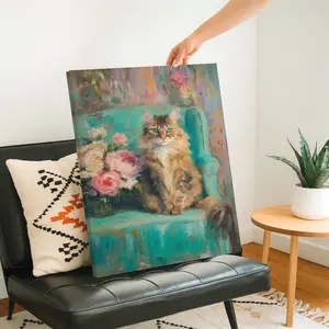 Animal Wall Art, Fluffy Tabby Cat On Teal Chair Poster, Impressionist Textured Oil Painting Style Printing, Teal Pink Brown Green Canvas Decoration, Living Room & Bedroom Aesthetic, Perfect Housewarming Gift, Framed.
