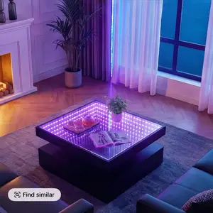 LED Square Coffee Table with Storage, 31.5" Modern Glass Top Coffee Table for Living Room, RGB Light C