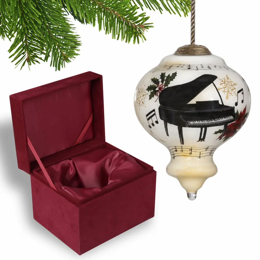 Mouth-Blown Hand-Painted Oval Glass Grand Christmas Piano Ornament - 360-Degree Stand, Adjustable 3.75in x 2.75in x 2.75in, Antique Gold Hanging Ornament, Holiday Indoor Contemporary Festive Home Gift, Modern Elegant Decoration