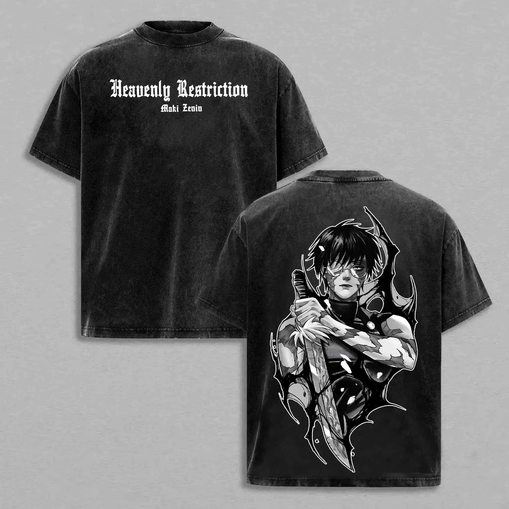 Menswear Vintage Washed Oversized Heavy Cotton Ribbed Seamless Stylish Short-Sleeve JJK Inspired Anime Graphic Unisex Streetwear T-Shirt