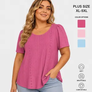 ROSRISS Women's Plus Size Eyelet T-Shirt - Summer Trendy Puff Short Sleeve Crewneck Solid Color Casual Tunic, XL-5XL, RPS2145, Summervibes Outdoorfun Top clothes