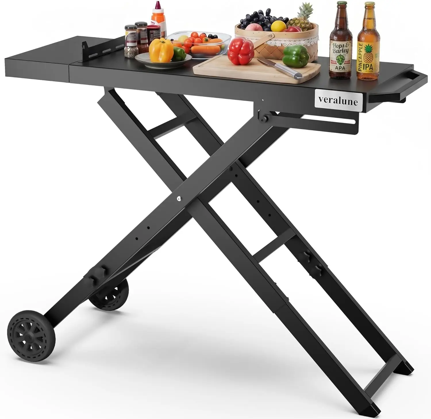 veralune Folding Grill Table, Outdoor Prep Table with 2 Wheels, Adjustable Height Portable Grill cart for Outdoor Cooking Camping BBQ Tailgating Picnicking