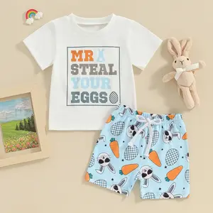 Toddler Baby Little Boys Easter Outfits Letter Print Short Sleeve T-Shirt and Elastic Shorts Clothes Set 6M-4T
