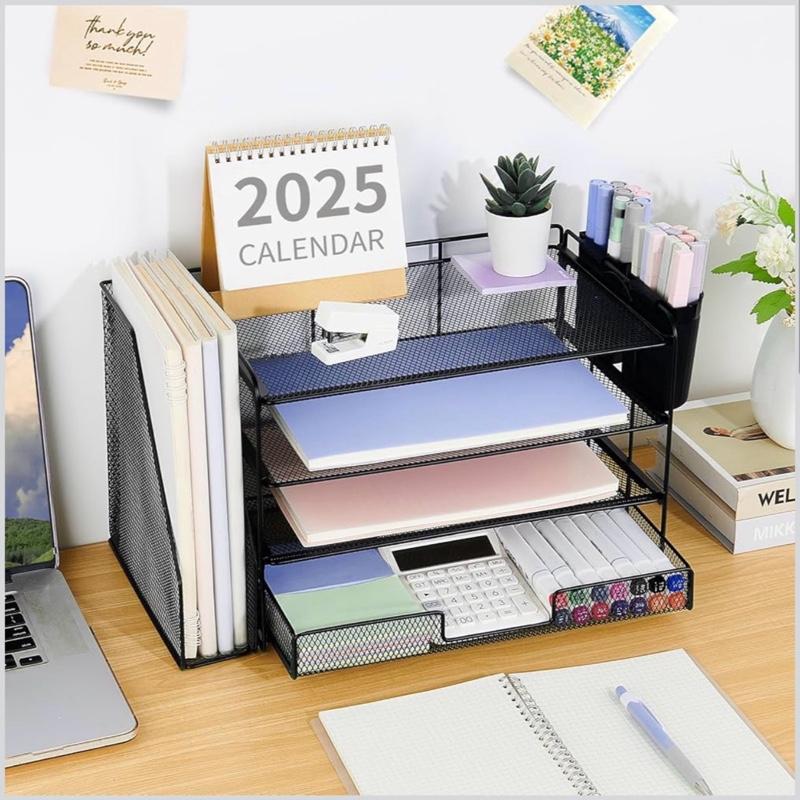 OPNICE Desk Organizer, 4-Tier Desktop File Organizer with Drawer and 2 Pen Holders, Office Desk Accessories, File Sorters, Workspace Organizers for Office Supplies(Black)