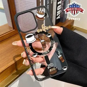 Fashion Coffee Pattern Magnetic Phone Case Supports Wireless Charging for iPhone 15 16 14 Pro Max 13 12 11 XR XS Plus E Shockproof Non Slip Protection Silicone Transparent Acrylic Cover Cellphone Protective