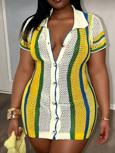 【Plus Size】Women's Summer Hollow Out Polo Neck Button Short Sleeve Cardigan, Fashion Sexy Slim Fit Striped Knit Long Jacket Thin Outerwear